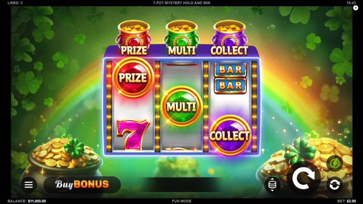 Tampilan visual slot 3 Pot Mystery Hold and Win dengan tema emas dan tambang