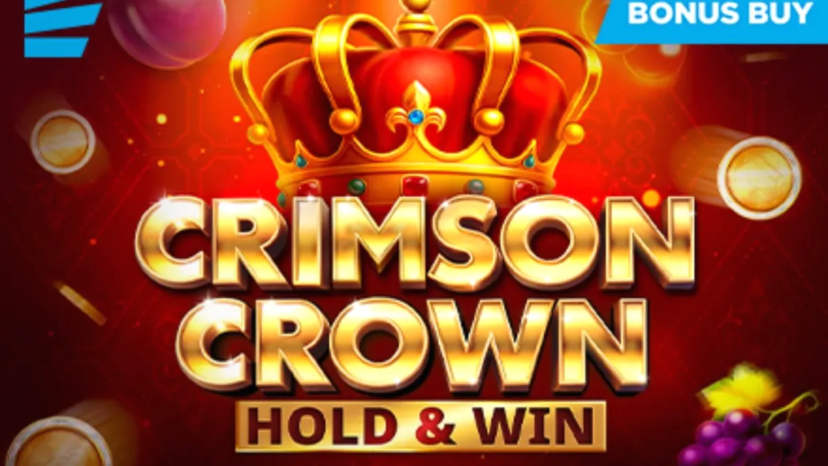 Tampilan antarmuka game slot mobile Crimson Crown dengan simbol mahkota dan buah-buahan mewah.